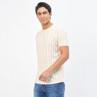 Men's Beige and White Crew Neck Striped T-Shirt, White, small