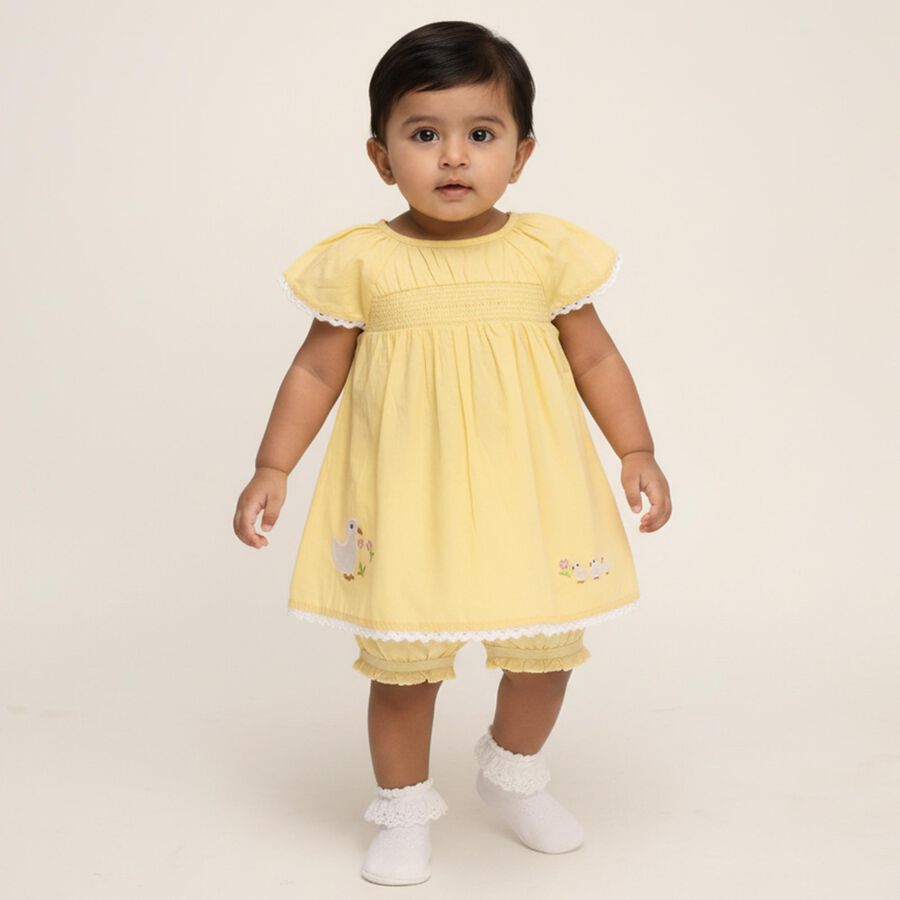 Infants' Soft Yellow Smocked Embroidered Casual Frock, पीला, large image number null