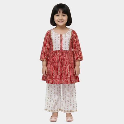 Girls' Fuchsia Round Neck Printed Kurta and Palazzo Fusion Set