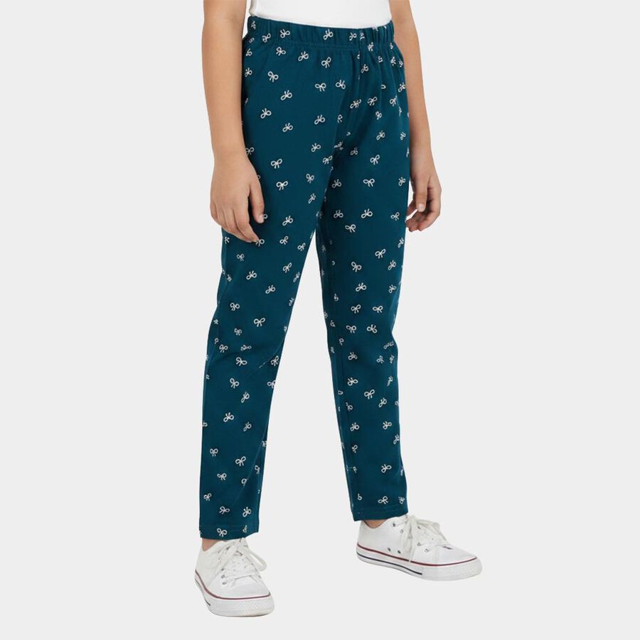Girls' Teal Straight Fit Bow Printed Pyjama, Teal Blue, large