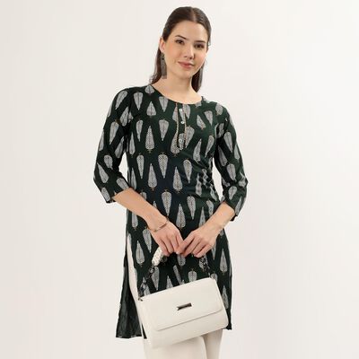 Women's Green Mandarin Collar Printed Straight Kurta
