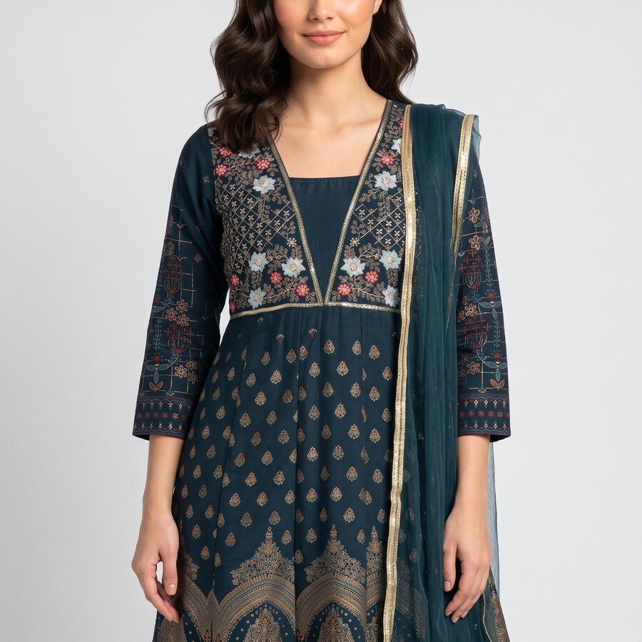 Women's Teal Embroidered Ethnic Set, Teal Blue, large