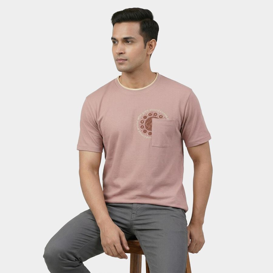 Men's Pink Round Neck Casual T-Shirt, हल्का गुलाबी, large