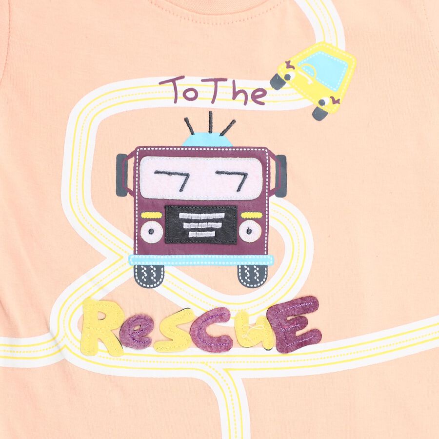 Infants' Peach Cotton Round Neck Cartoon Print Baba Suit, Peach, large