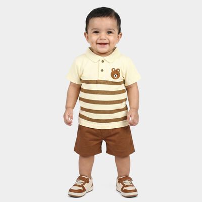 Infants' Beige 100% Cotton Polo Neck Striped Baba Suit