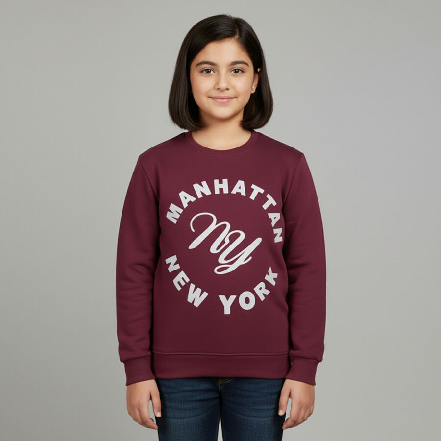Girls Deep Burgundy Crew Neck Graphic Sweatshirt, Wine, large image number null