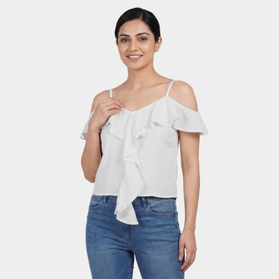 Women's White Round Neck Floral Ruffle Top