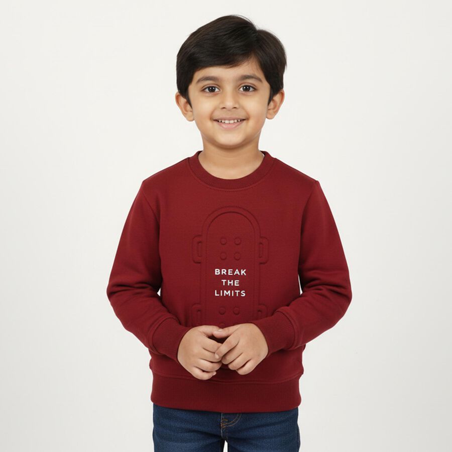 Boys Rich Maroon Crew Neck Casual Sweatshirt, Maroon, large image number null