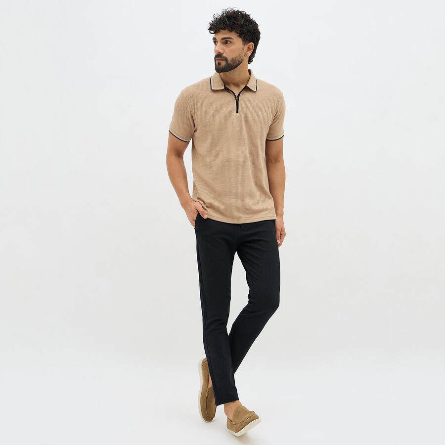 Men's Jet Black Slim Fit Flat-Front Casual Trousers, नेवी ब्लू, large image number null