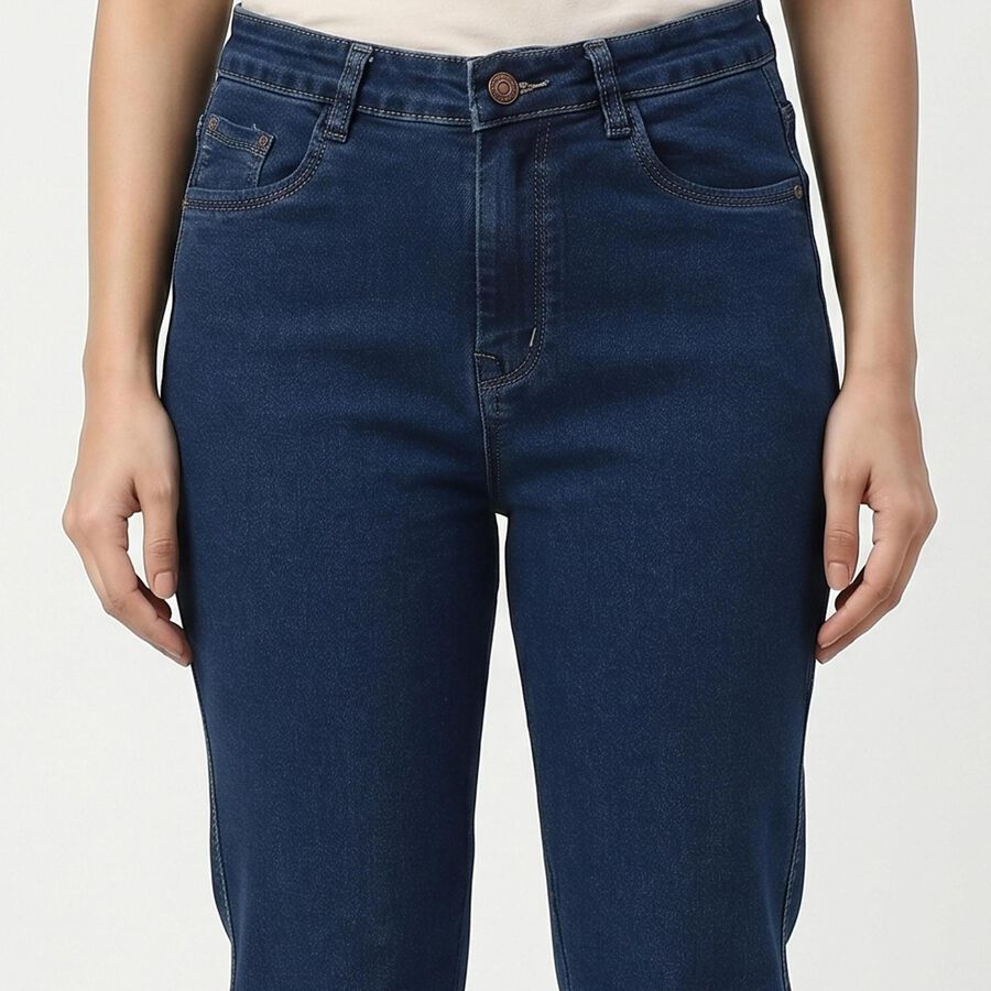 Women's Navy Blue Straight Fit Classic Jeans, मध्यम नीला, large