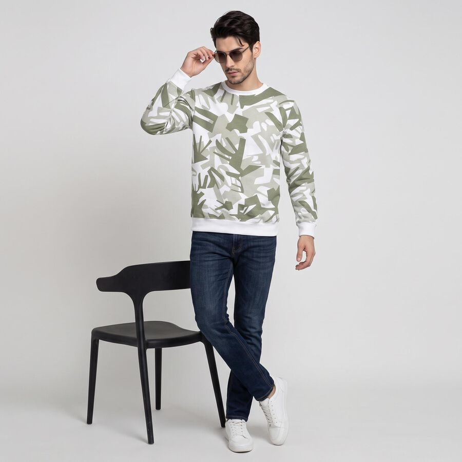 Men's Olive Green Crew Neck Printed Sweatshirt, Light Green, large