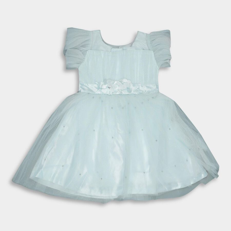 Girls' Light Aqua Blue Flared Embellished Short Sleeves Frock, Light Blue, large image number null