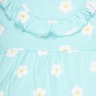 Infants' Aqua Blue Floral Printed Ruffled Neck Frock, एक्वा, small image number null