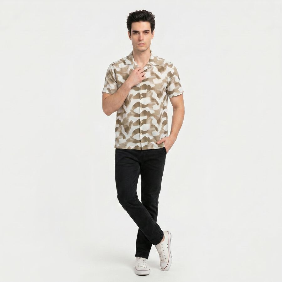 Men's Brown Cotton Camp Collar Casual Shirt, भूरा, large