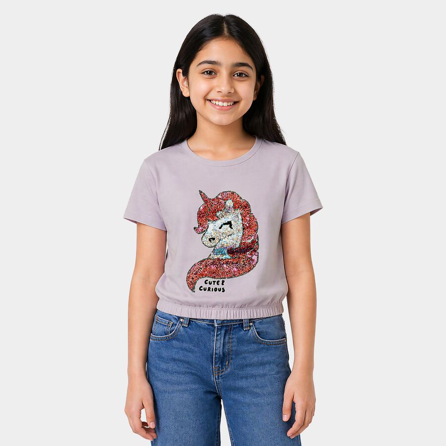 Girls Lilac Cotton Casual T-Shirt, Lilac, large