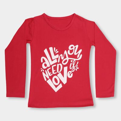 Girls' Bright Cherry Red Cotton Round Neck Casual Top