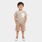 Boys Beige 100% Cotton Henley Neck Striped Baba Suit, Beige, small