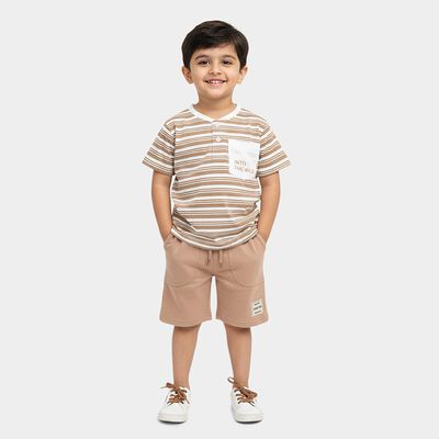 Boys Beige 100% Cotton Henley Neck Striped Baba Suit