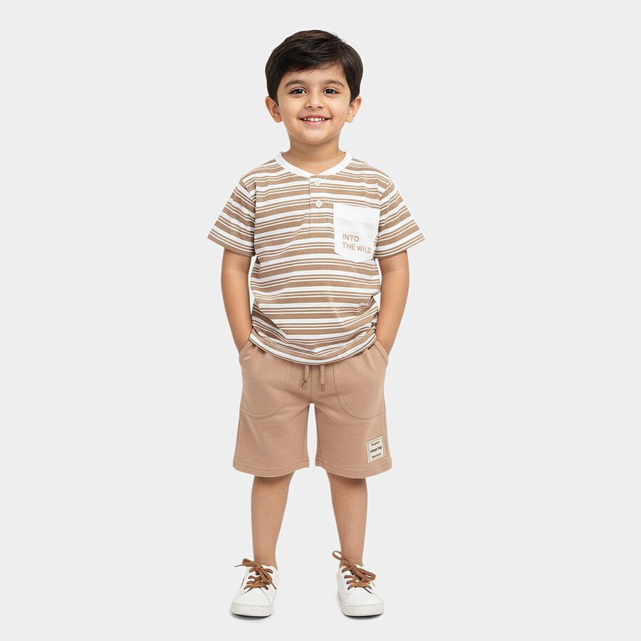 Boys Beige 100% Cotton Henley Neck Striped Baba Suit, Beige, large