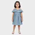 Girls' Light Blue Fit and Flare Ruffle Cold Shoulder Frock, हल्का नीला, small