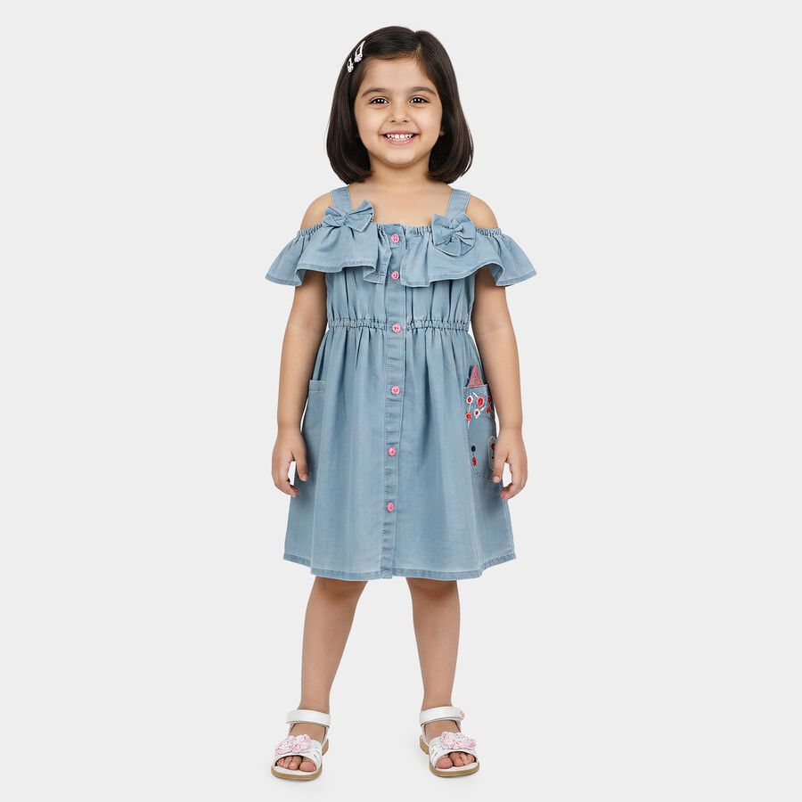 Girls' Light Blue Fit and Flare Ruffle Cold Shoulder Frock, हल्का नीला, large