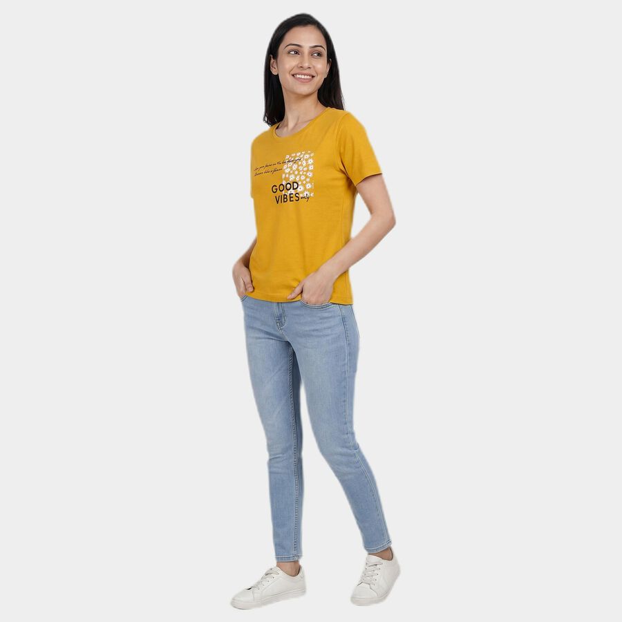Women's Mustard Yellow Round Neck Ribbed T-Shirt, Mustard, large
