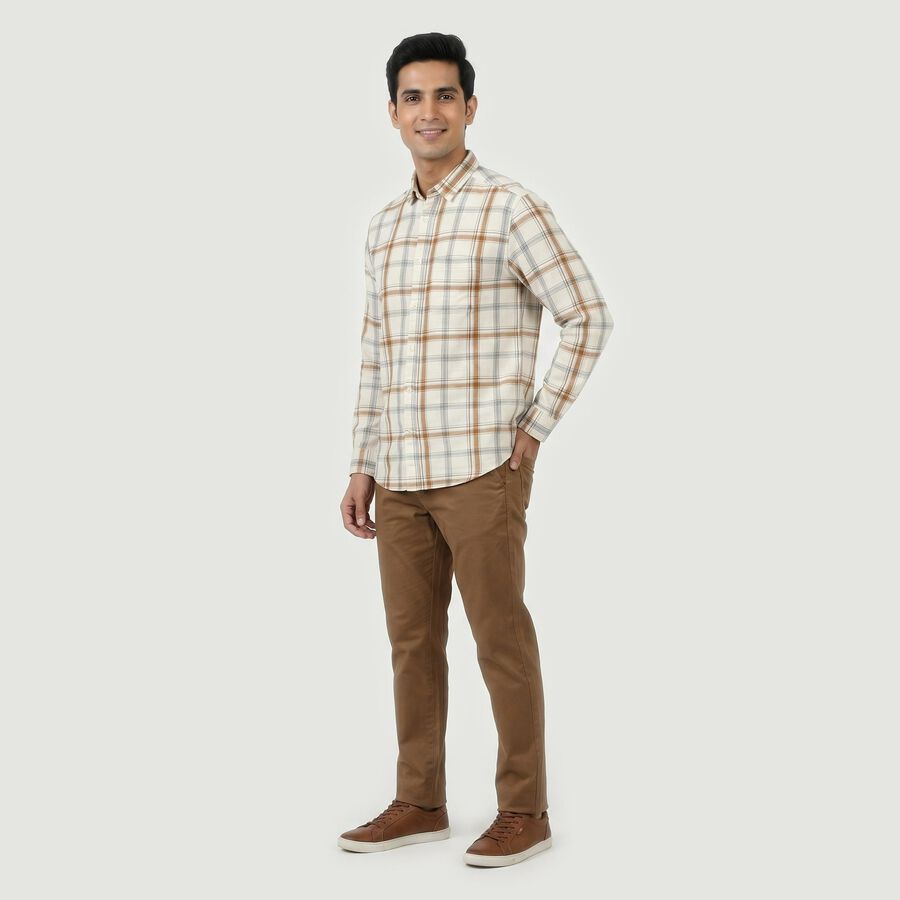 Men's Beige Cotton Long Sleeves Button-Down Regular Fit Shirt, गहरा पीला, large