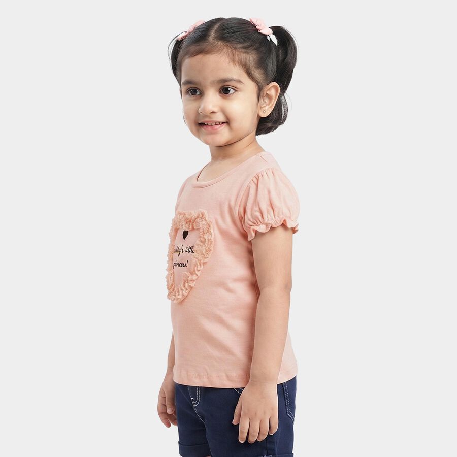 Girls Peach Cotton Round Neck Regular T-Shirt, हल्का गुलाबी, large
