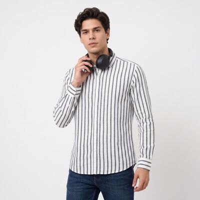 Men's Dark Blue Cotton Long Sleeve Spread Collar Regular Fit Casual Shirt