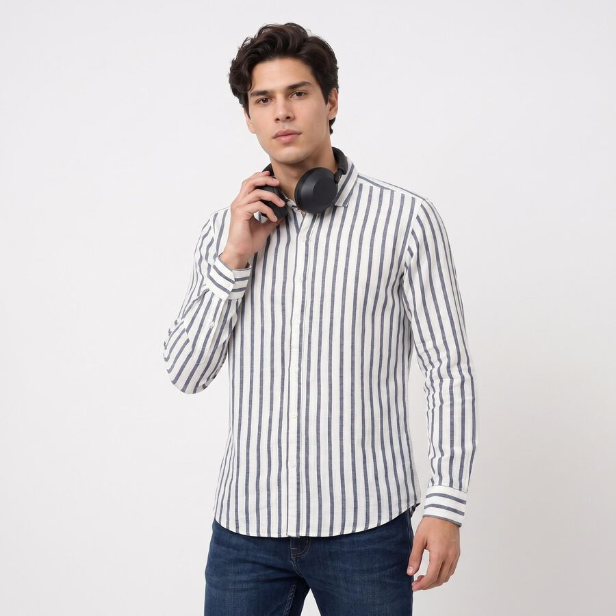 Men's Dark Blue Cotton Long Sleeve Spread Collar Regular Fit Casual Shirt, गहरा नीला, large
