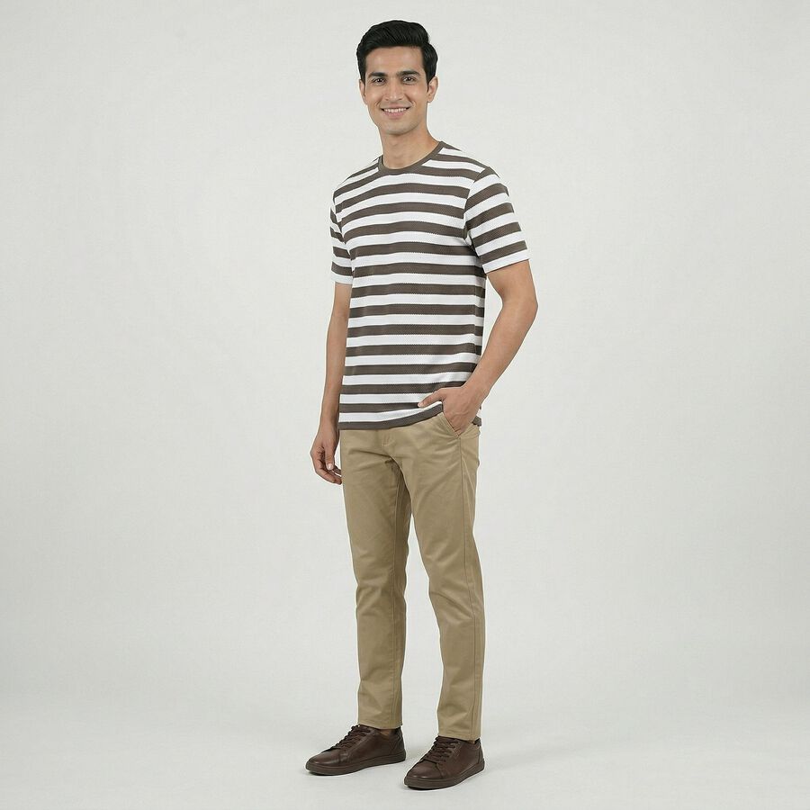 Men's Khaki Round Neck Casual T-Shirt, Khaki, large