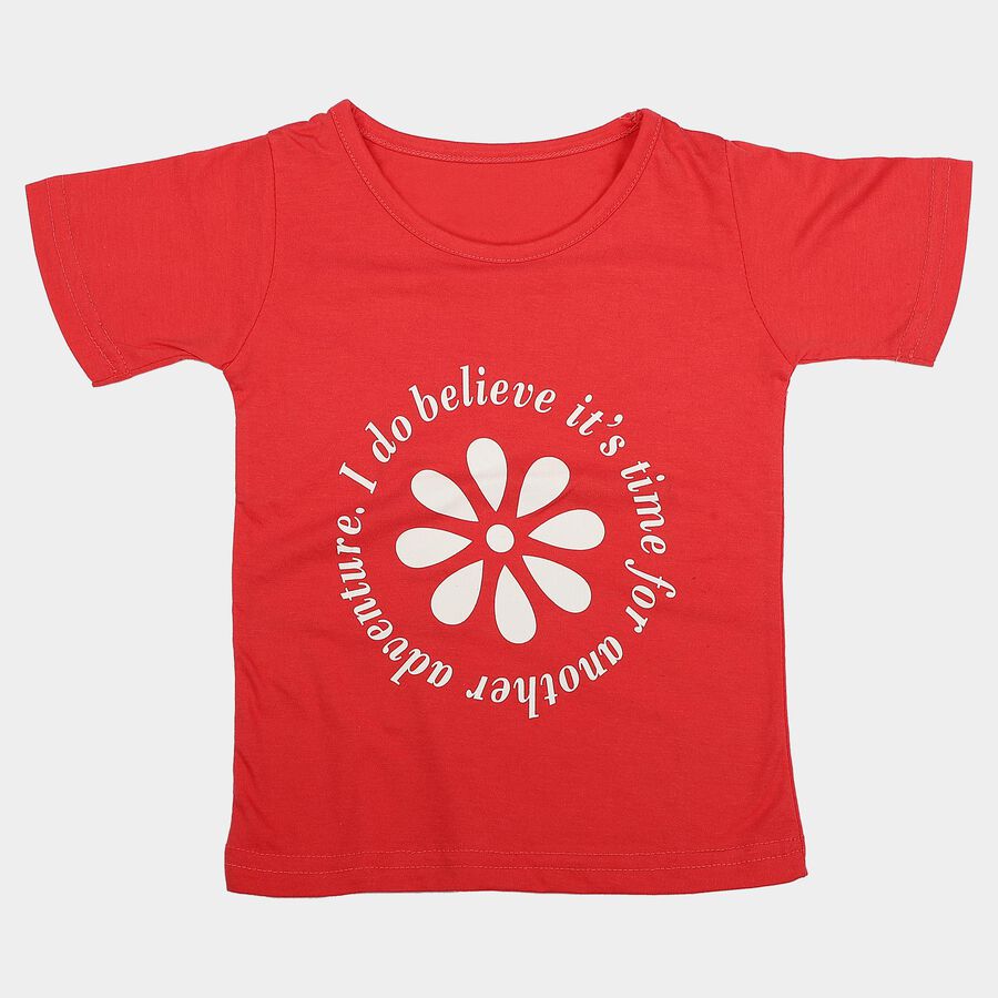 Girls' Coral Cotton Blend Round Neck Regular T-Shirt, मूँगा (कोरल), large