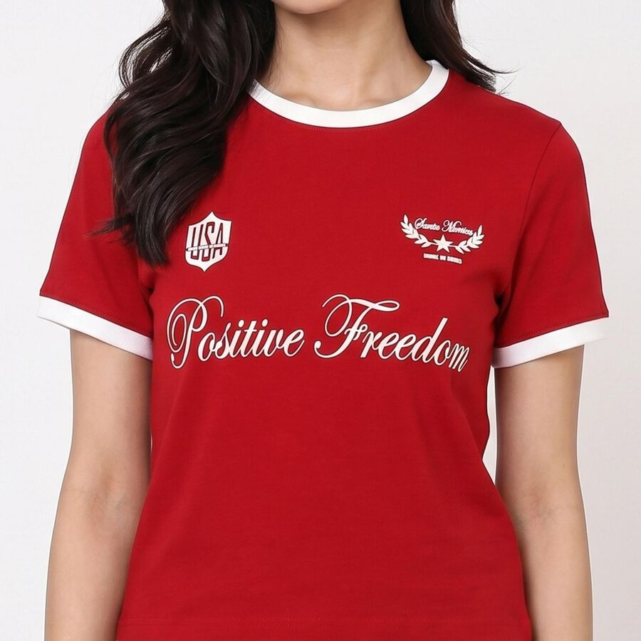 Women's Red Cotton Blend Round Neck Regular T-Shirt, Red, large
