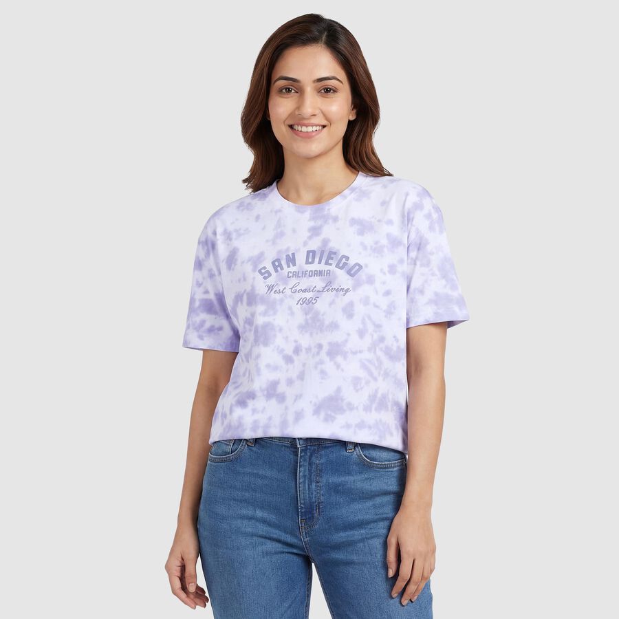Women's Lavender Cotton Round Neck Casual T-Shirt, लाइलेक, large