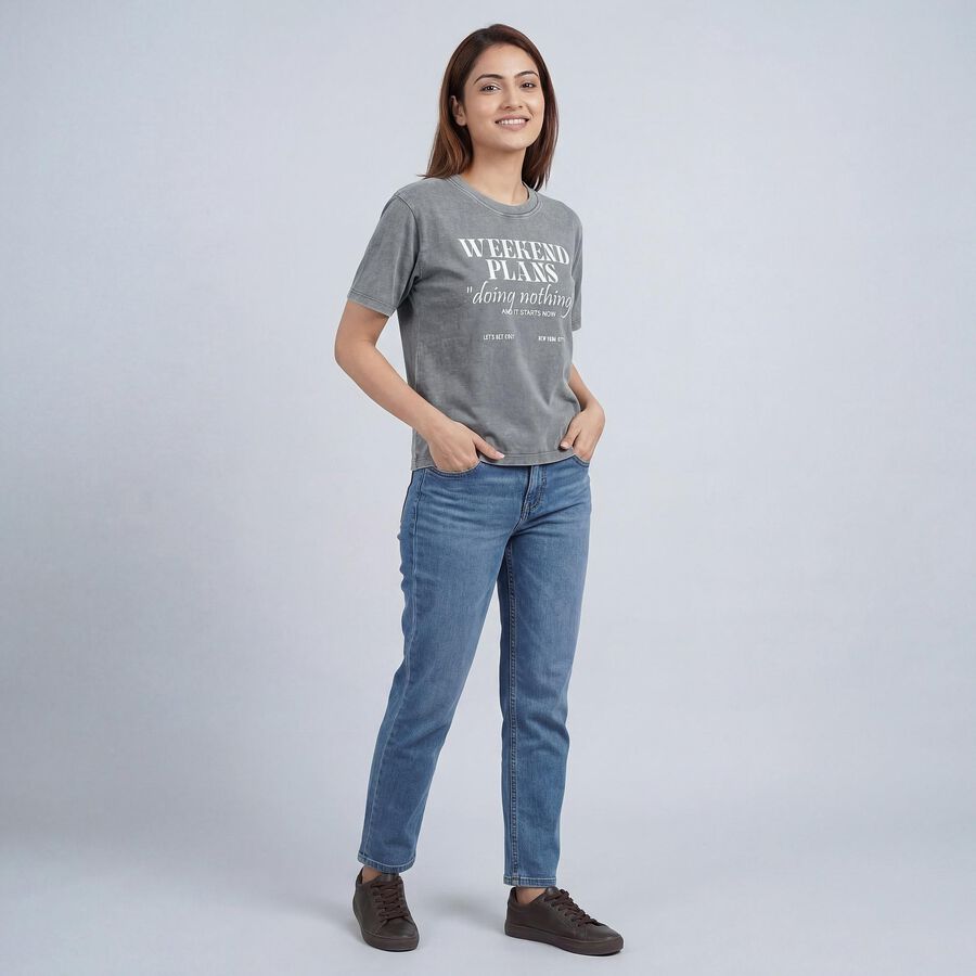 Women's Light Grey Round Neck Casual T-Shirt, हल्का ग्रे, large