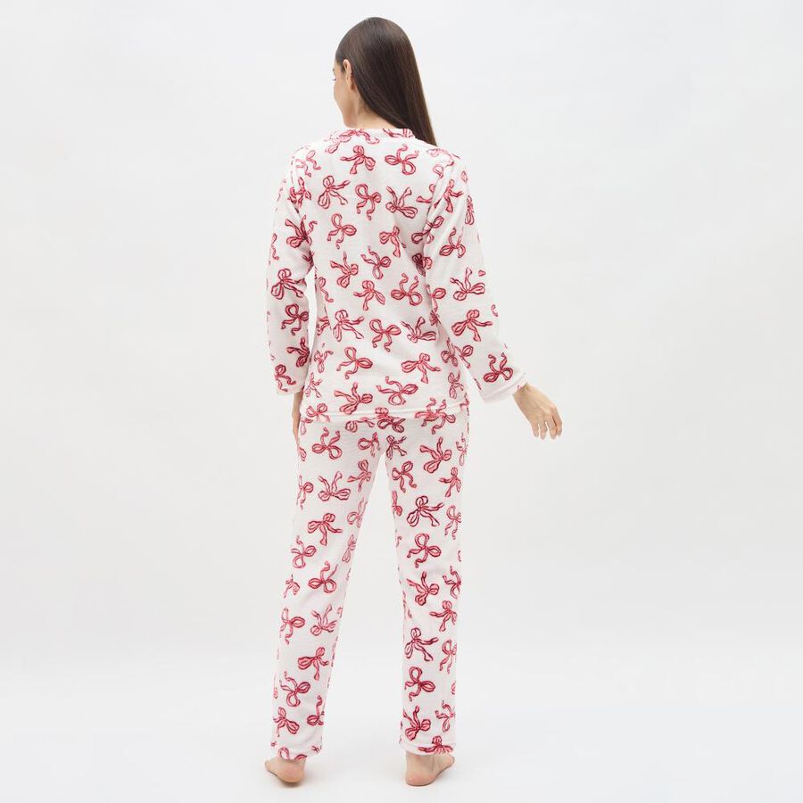 Women's White and Red Bow Printed Fleece Pyjama Set, लाल, large image number null