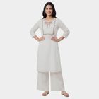 Women's White Cotton Notch Neck Floral Printed Kurta, सफ़ेद, small