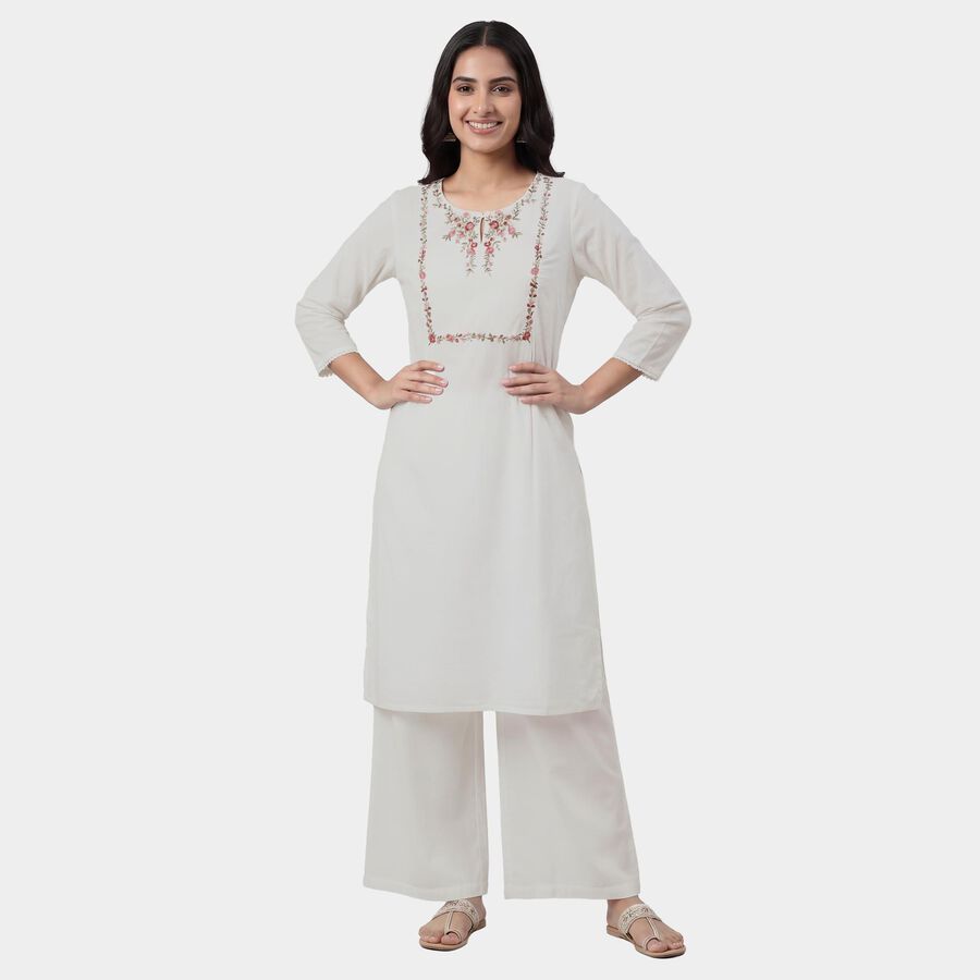 Women's White Cotton Notch Neck Floral Printed Kurta, सफ़ेद, large