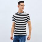 Men's Black and White Round Neck Striped T-Shirt, Off White, small