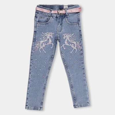 Girls' Light Blue Regular Fit Embellished Jeans