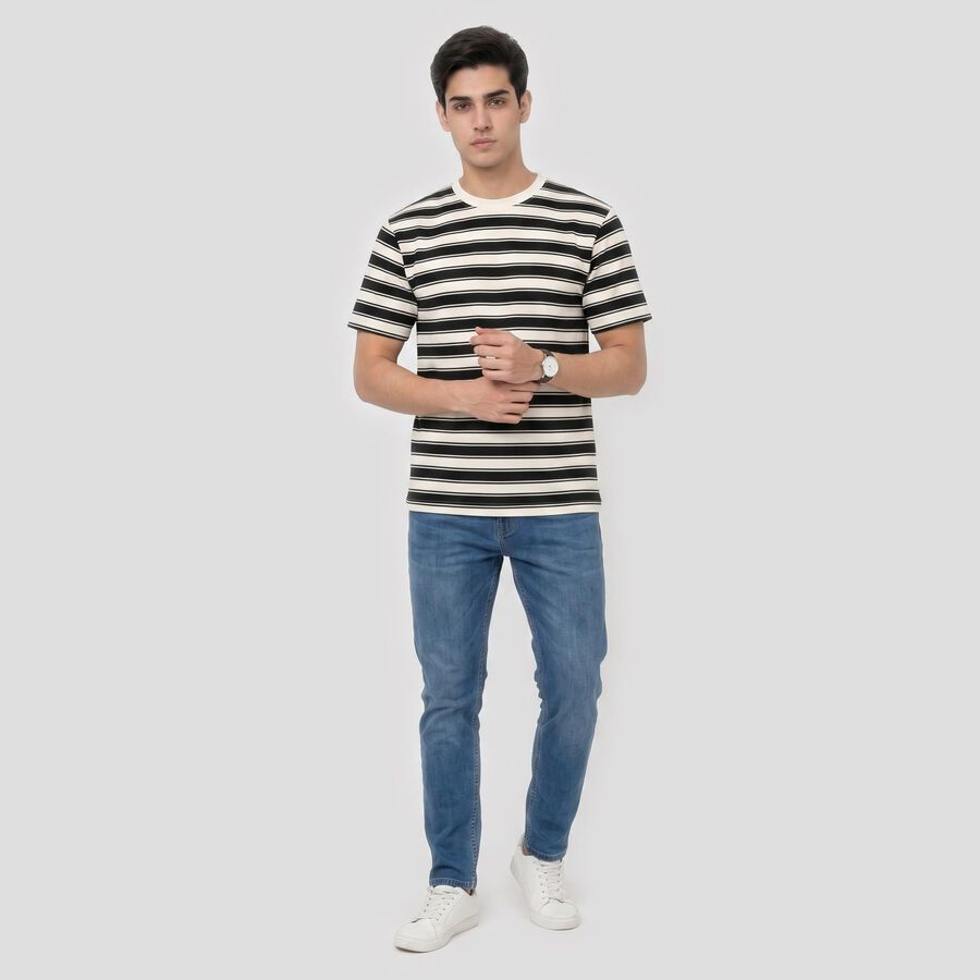 Men Black Round Neck Regular Striped T-Shirt, Black, large