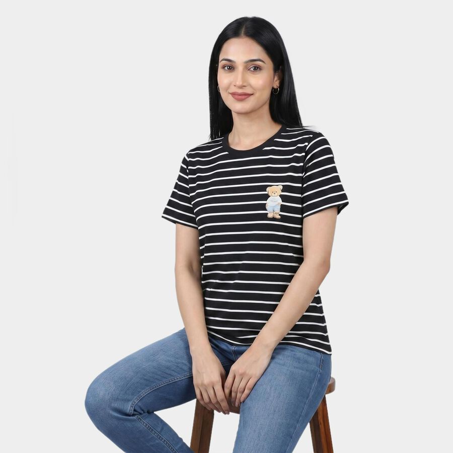 Women's Black Round Neck Regular T-Shirt, Black, large