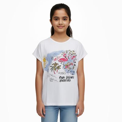 Girls Bright Snow White Round Neck Casual T-Shirt