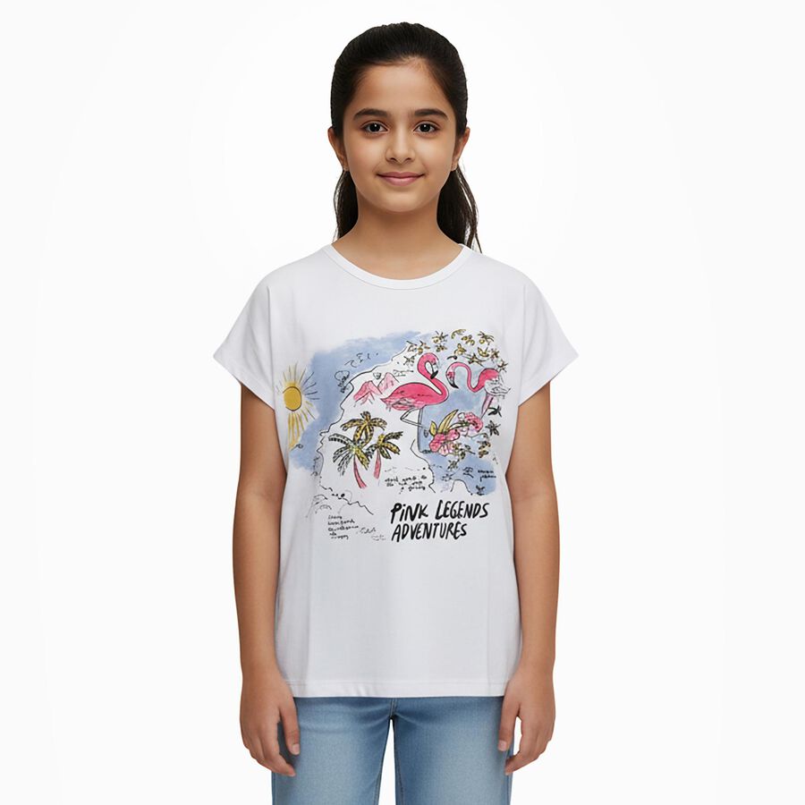 Girls Bright Snow White Round Neck Casual T-Shirt, सफ़ेद, large image number null