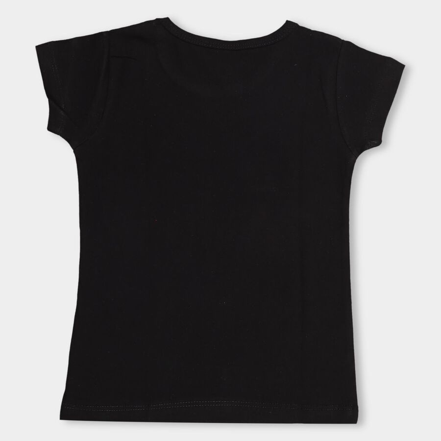 Girls' Jet Black Cotton Crew Neck Casual T-Shirt, Black, large image number null