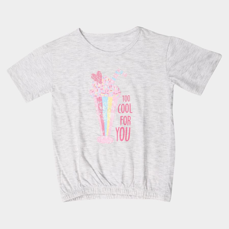 Girls Grey Round Neck Regular T-Shirt, मिश्रित हल्का ग्रे, large