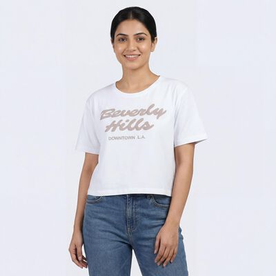 Women's White Cotton Round Neck Graphic Printed T-Shirt