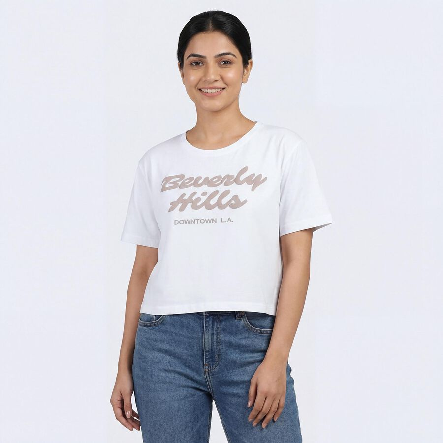 Women's White Cotton Round Neck Graphic Printed T-Shirt, White, large