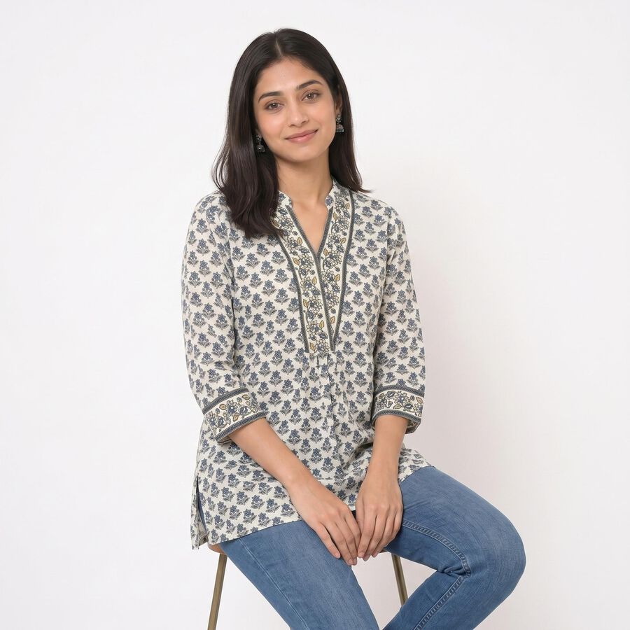 Women's Cream Notch Neck Floral Printed Kurti, Off White, large