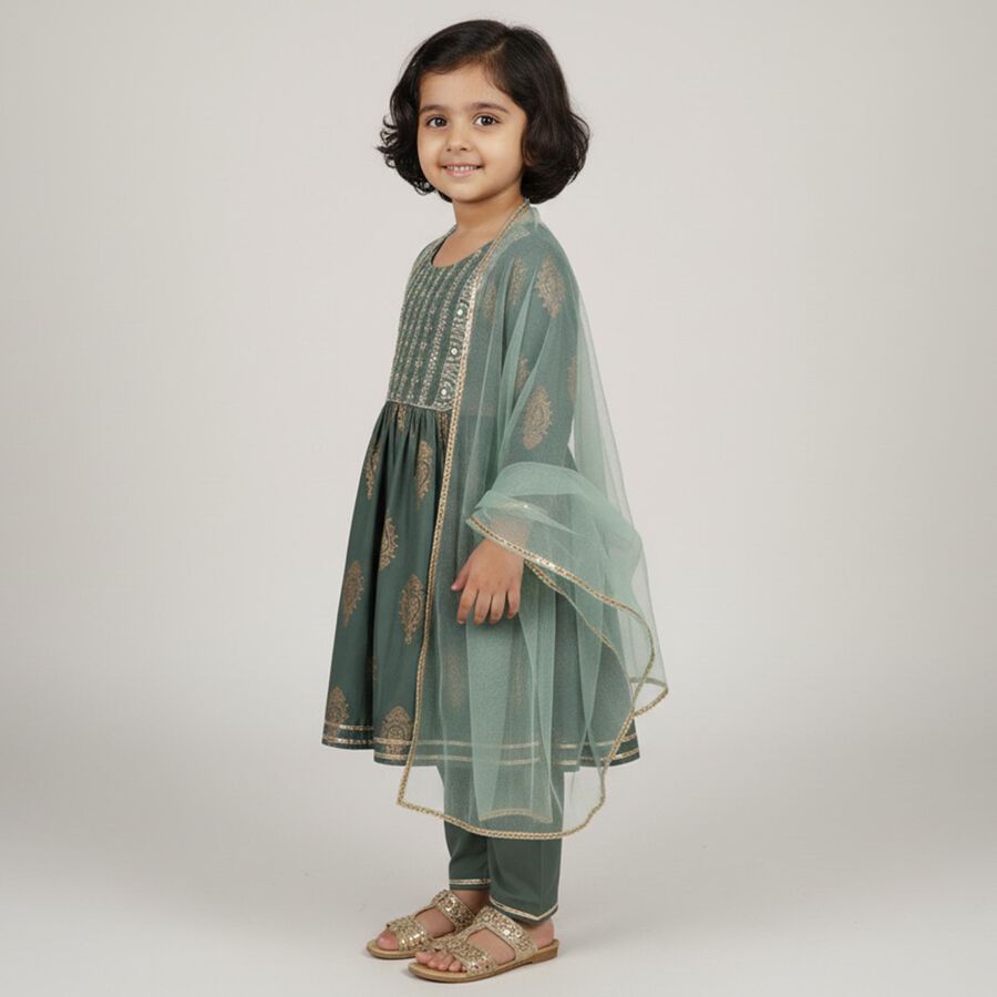 Girls Soft Lavender Purple Embroidered Top and Pant Fusion Set, हल्का हरा, large image number null